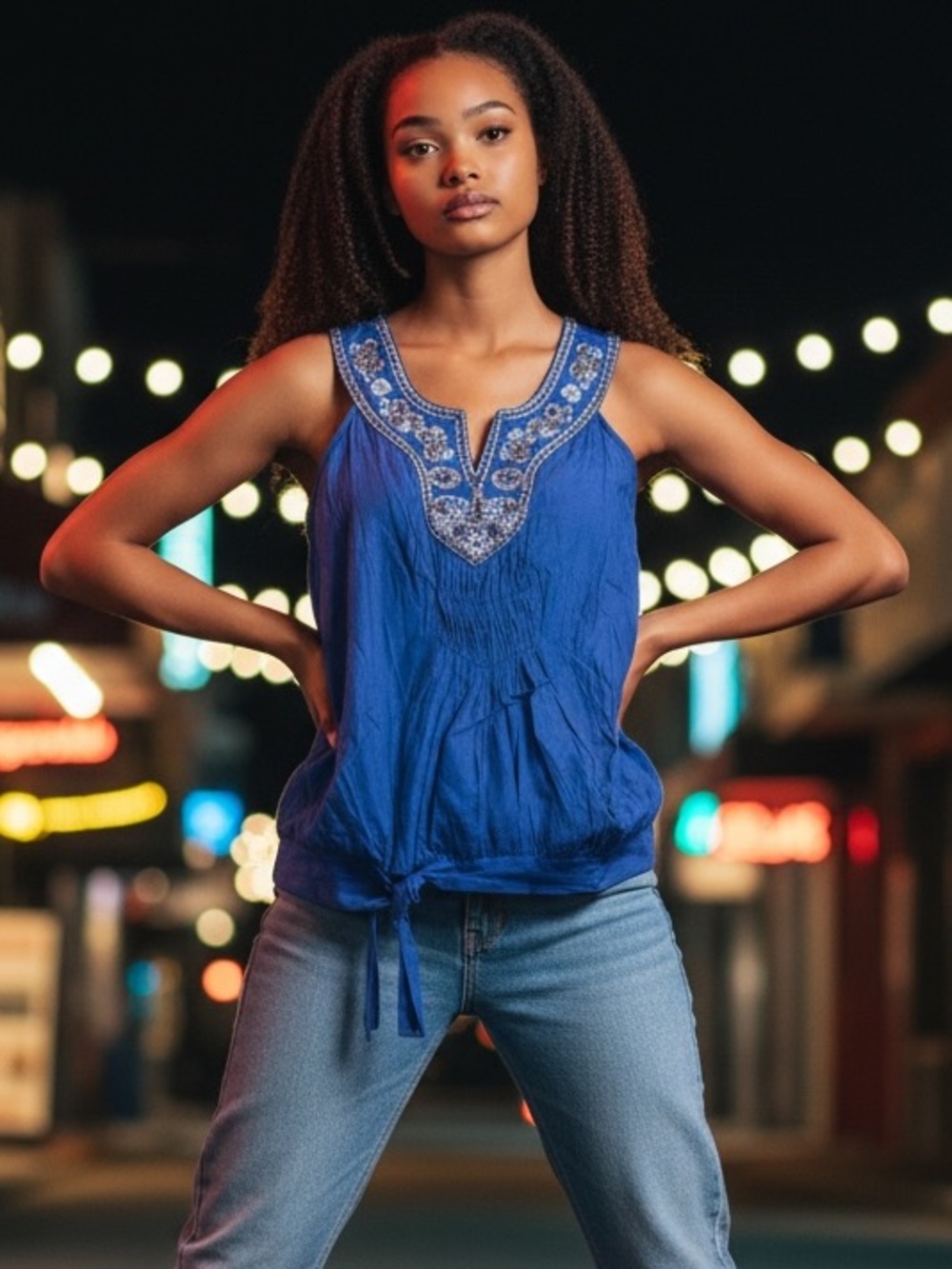 Sleeveless Beaded Royal Blue Tank Top with Tie Hem